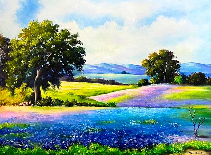 Landscape painting of a flowering meadow