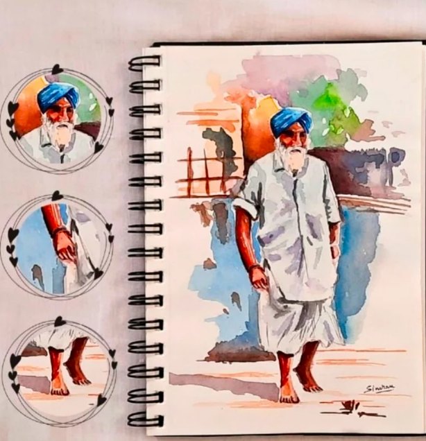 Watercolour study of an elderly man in a blue turban